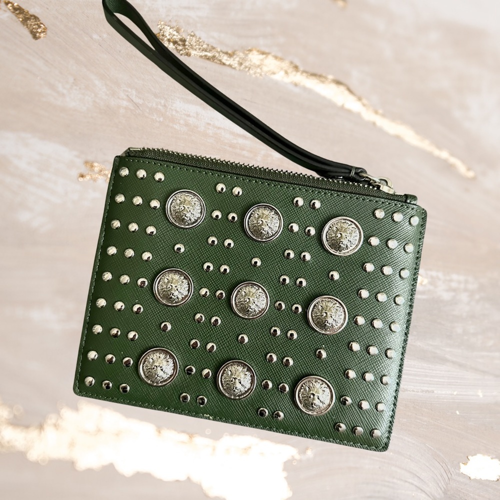 VERSACE Army Green Small Lion Studded Wristlet